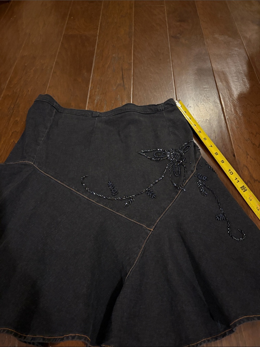Vintage Y2K beaded Dark Denim A-Line Skirt w gold stitching size 12